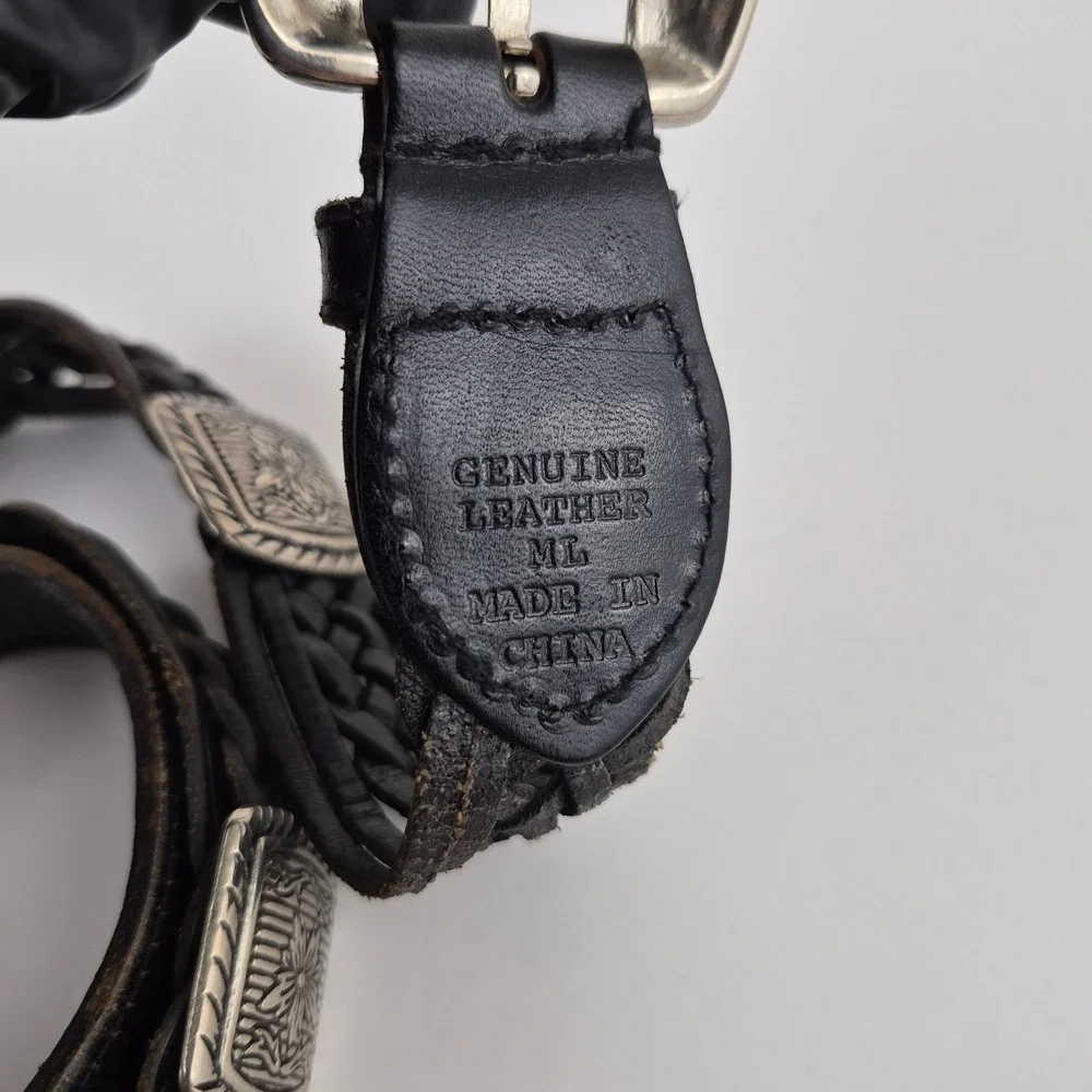 Kids Black Braided Genuine Leather Western Concho Belt Silver Tone Buckle ML